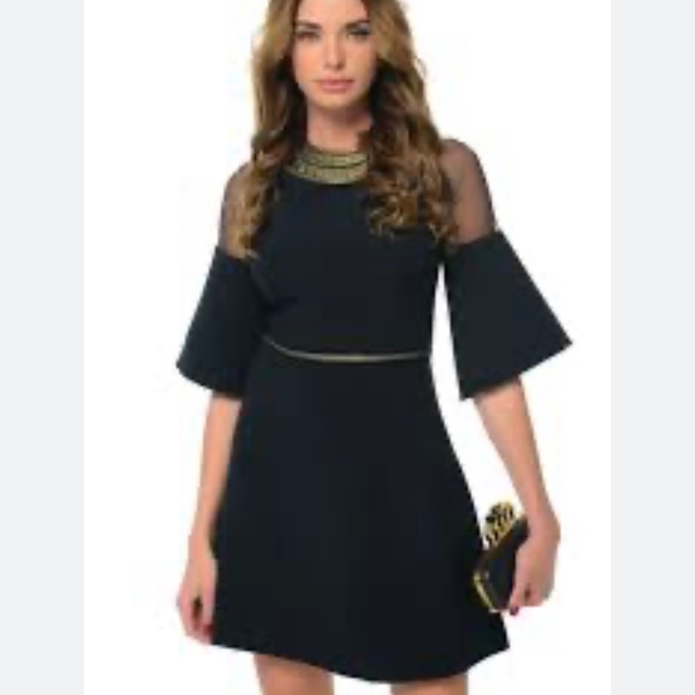 GENEVIE Black Mini Dress Gold & Sheer Bell Sleeve Dress NWT Size Small Medium